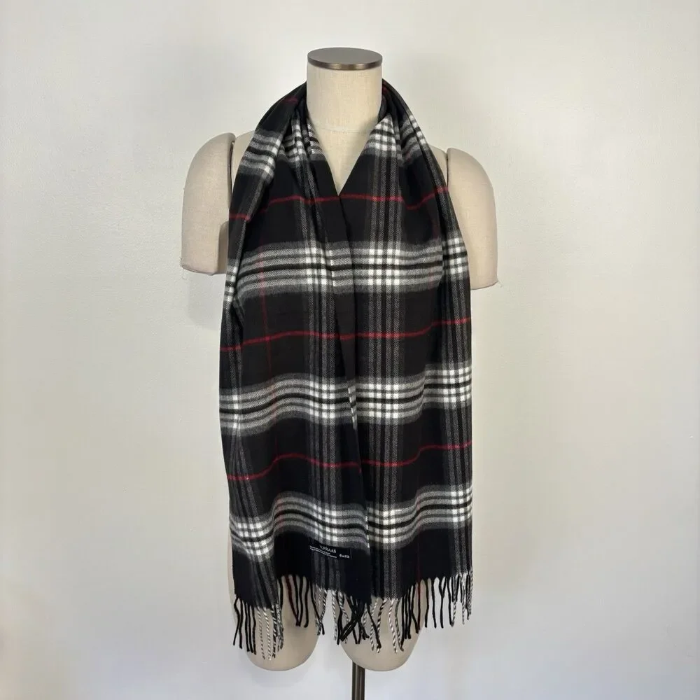 NWT V. Fraas Black White Red Plaid Acrylic Germany Made Rectangular Unisex Scarf